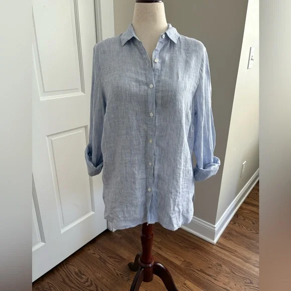 J.Mclaughlin Britt Button Front Collared 100% Linen Shirt - Light blue stripe - Picture 2 of 8